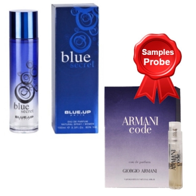 Blue Up Blue Secret Woman - Eau de Parfum fur Damen 100 ml, Probe Armani Code Woman EDP 1,2 ml